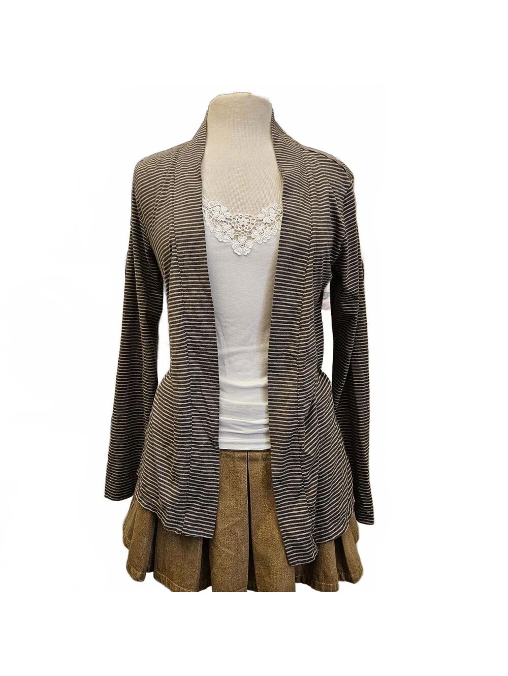 Brown & White Striped Cardigan, Izod, Medium, Cotton Blend